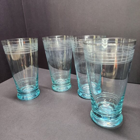 Vintage Icy Blue Etched Banded Glasses Tumbler - Set of 4 - Picture 4 of 11